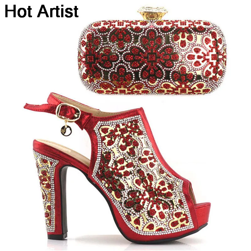 

Hot Artist New Fashion African Style Women Red Shoes And Bag Set Nice Rhinestone High Heels Shoes And Bag Set For Party TX-S19