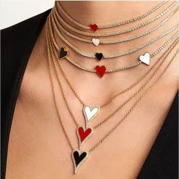 RED BLACK WHITE enamel romantic heart pendant necklace Gold filled girlfriend lover gift lovely heart design new jewelry