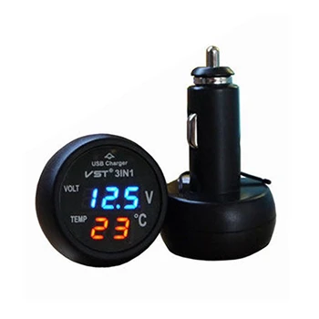 

3 in-1 Digital Voltmeter Thermometer 12/24V Cigarette Lighter USB Car Charger (Blue&Red Display)