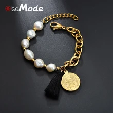 ELSEMODE Этническая Ленточки католицизм нерегулярные жемчуг кулон Браслеты и браслеты для Для женщин Нержавеющая сталь браслет ювелирные изделия