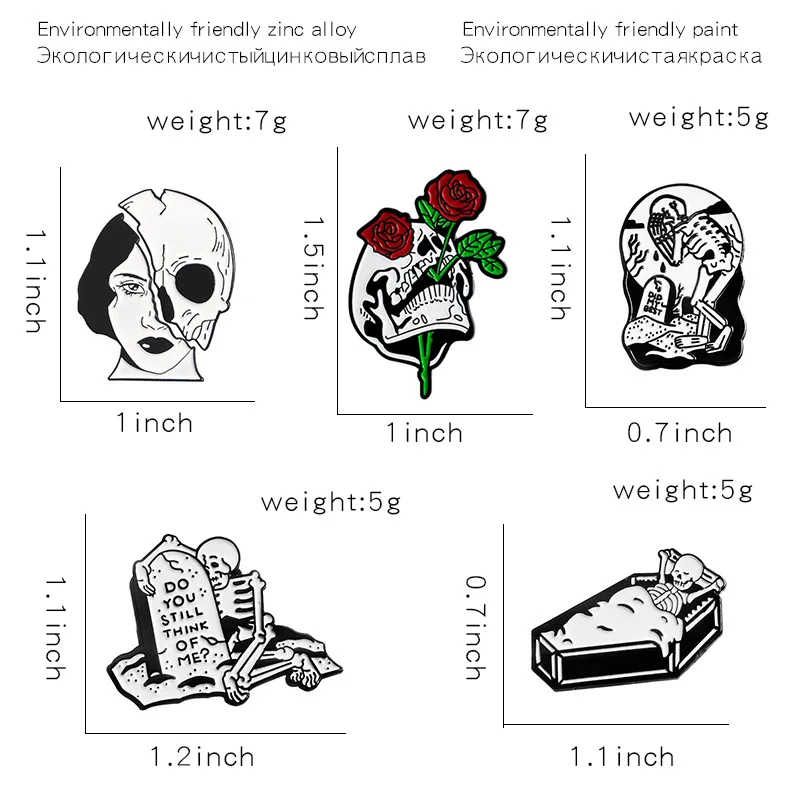 Значки панка Броши с черепом для женщин и мужчин 6 Pin роза Скелет гроба гравировки ювелирные изделия эмаль шпильки джинсовые куртки воротник значок брелок