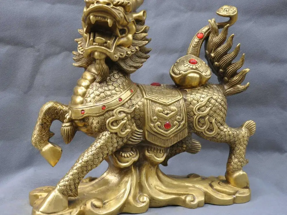 

13'' China Fengshui Dragon Kyrin Animal Foo Dog Inlay Red Stone Bronze Statue