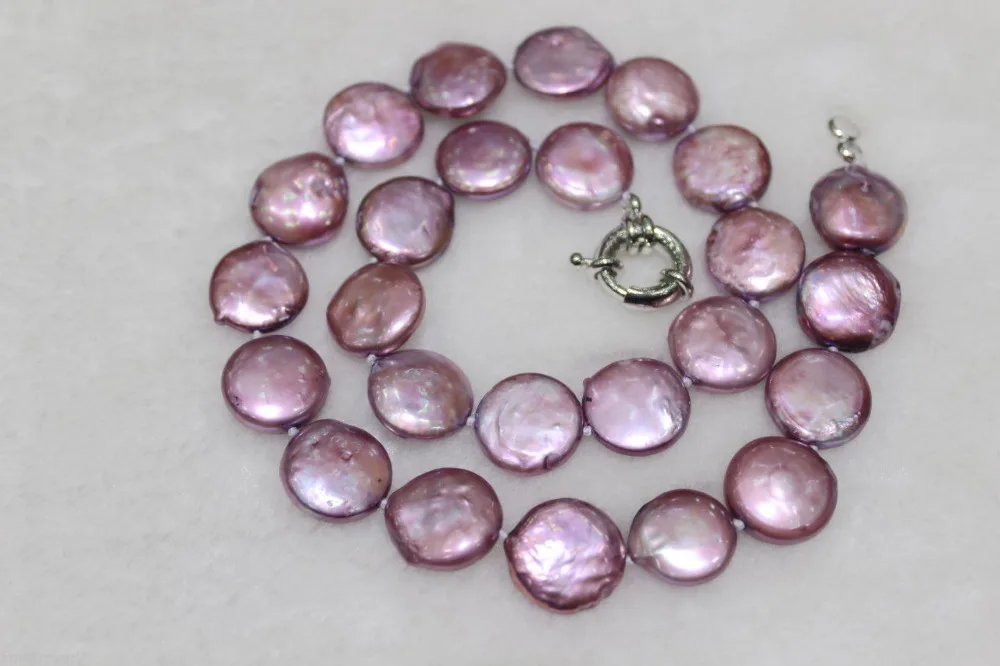 

Free shipping@@@@@ Coin shape freshwater pearl necklace Fuchsia 14-15mm 17INCH
