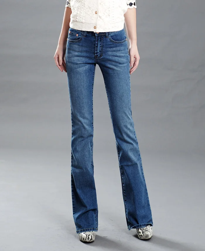 Акция, Женский Осенний звонок, низ, джинсы, короткие штаны, для офиса, для леди, средняя талия, длинные расклешенные брюки размера плюс 26-38