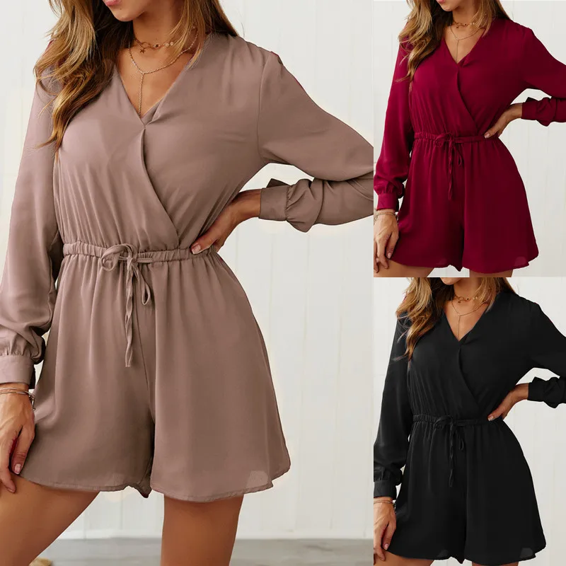 

Good Quality Women's Summer Cotton Jumpsuits Casual Long Sleeve V-neck Elegant Playsuits Female Rompers Pockets Work Overalls