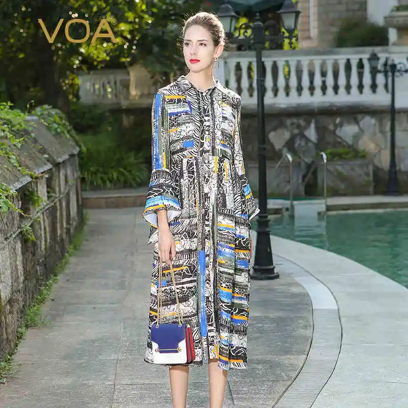 VOA осень новые пляжные Африканский шелка с цветочным рисунком женское платье дружок Стиль большого размера, расклешенные рукава платье-рубашка с принтом ALX10701