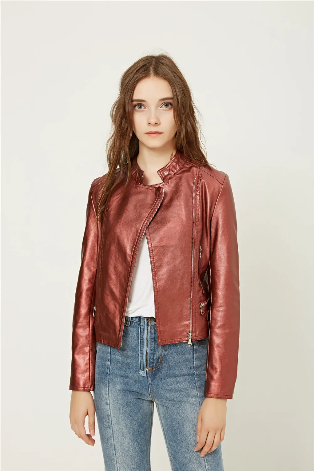 Для женщин куртка из искусственной кожи метель цвета Розовый и красный цвет черный серебристый локоть лоскутное отрегулировать талии