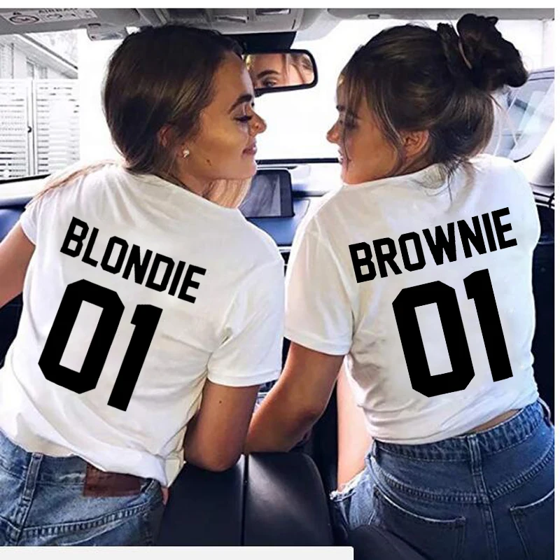 

New Letter Printed Best Friend T-Shirt BFF Sister Girls Lovers Couples Women Tee Shirt Cotton Tops Brownie Blondie 01