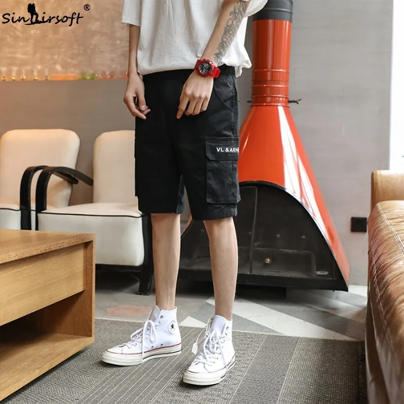 S-3XL Cotton Straight Stretch Cargo Shorts Men Drawstring Waist Letter Print Shorts Male Side Big Pockets Summer Trousers New