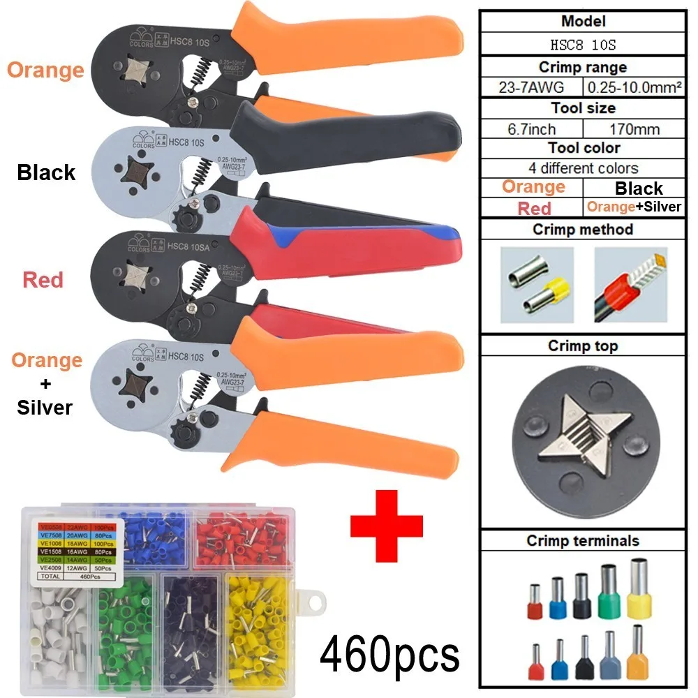 6-6 0.25-6mm 23-10AWG Hexagon& 10S 0.25-10mm 23-7AWG Quadrilateral Tube Bootlace Terminal Crimping Pliers Crimp Hand Tools HSC8 - Цвет: 10S SET