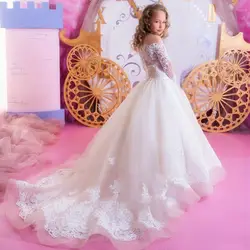 Белое винтажное платье цвета слоновой кости с цветочным узором для девочек кружевное Пышное Платье с аппликацией для свадьбы, платье из