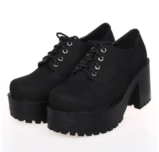 Black Punk Lace up Oxfords Vegan Leather with Short Block Heel and Chunky Treaded Soles