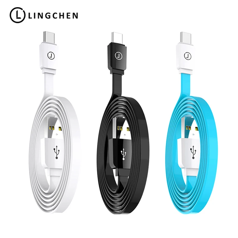 LINGCHEN USB-C USB tipo C para Galaxy S9 S8 Nota 8 plana USB-C tipo-C Cable de cargador para Xiaomi 6 Mi5 Huawei P10 P9 Oneplus 3