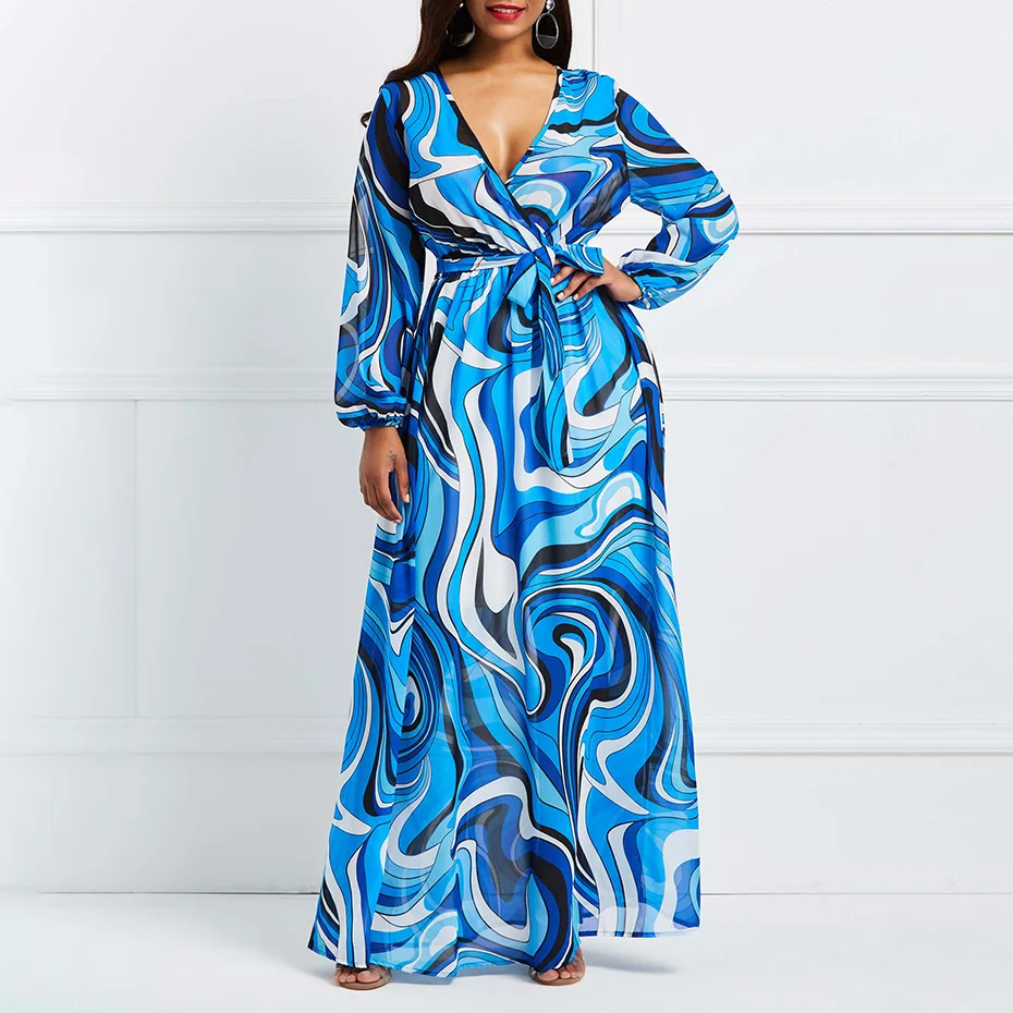 blue floral long sleeve maxi dress