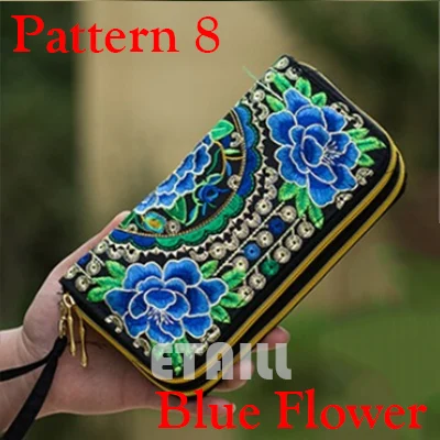 Двойная молния национальный Бохо индийский тайский вышитый кошелек клатч цветочный длинный дизайн холст национальный тренд кошелек держатель для карт - Цвет: Pattern 10 Blue