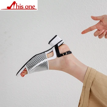 

Low Square Heel Women Sandals Women Heel Shoes White、Red Geometric mesh Peep Toe Party Ladies Sandals 2019 Summer Sandals Woman