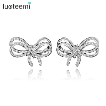 

LUOTEEMI New Trendy Sparkling Full Paved Shining CZ Crystal Big Bowknot Shape White Gold-Color Stud Earrings Wedding Jewelry