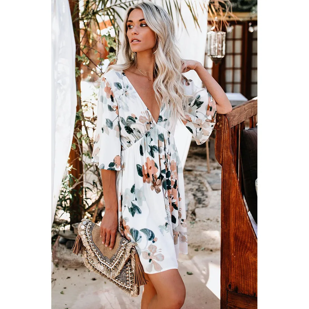 

Woman Hawaiian Babydoll Floral Dress Sexy Deep V-neck Loose Dress