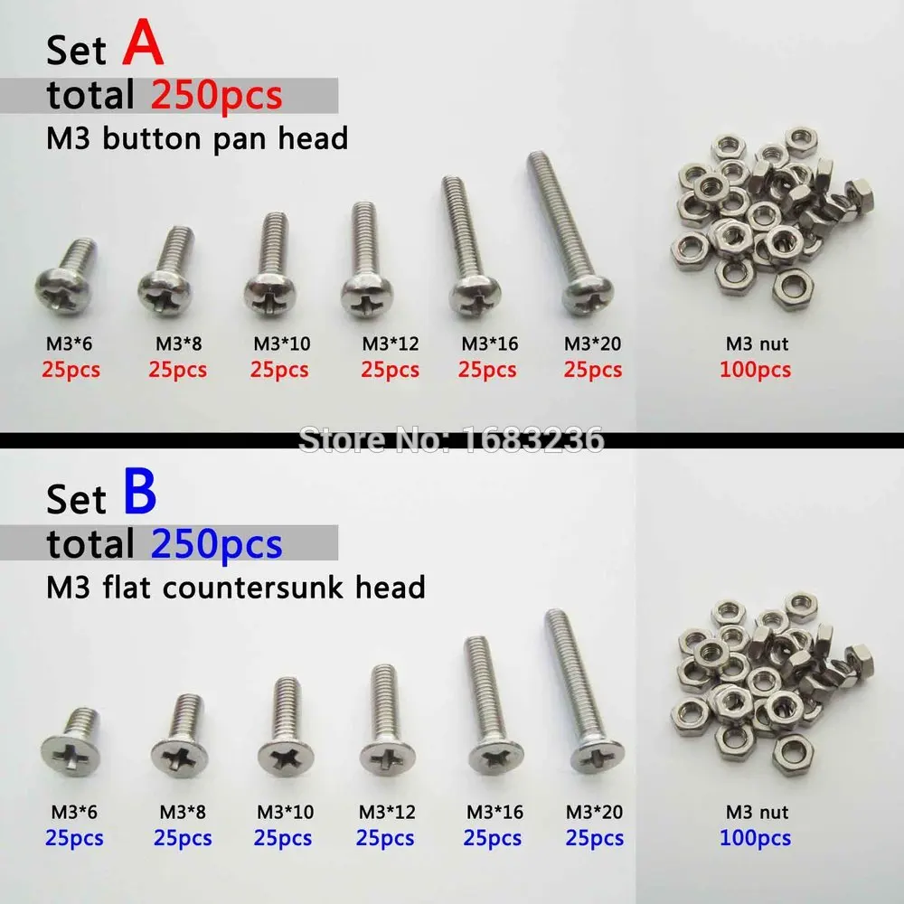250pc Assortment Kit Set 304 Stainless Steel Phillips Cross Screw Bolt