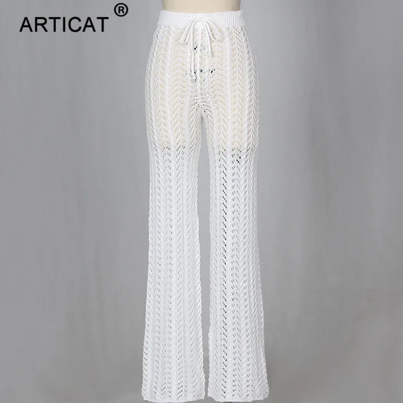 Articat, высокая талия, Трикотажные сексуальные штаны для женщин, прозрачные, с вырезами, вязанные крючком, широкие штаны, Осенние, вечерние, женские брюки, низ - Цвет: Белый