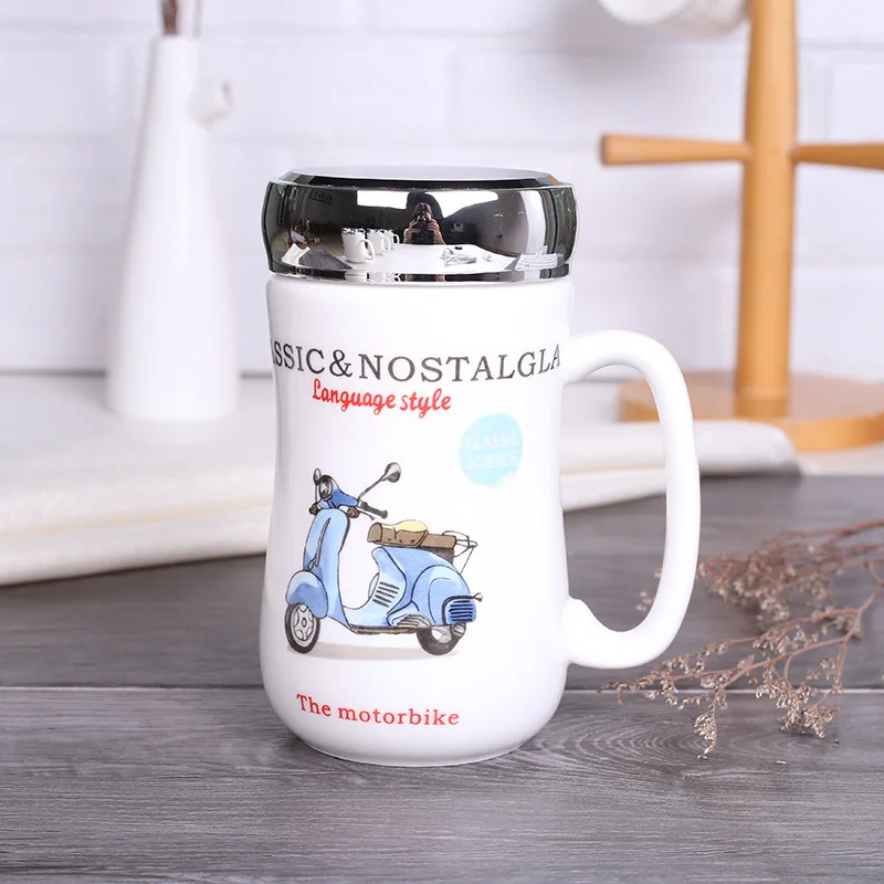 

Creative Ceramic Coffee Mugs with Lid Europe Motorcycle Tazas De Ceramica Creativas 400ml 13 Oz Cups and Mugs Drop ship