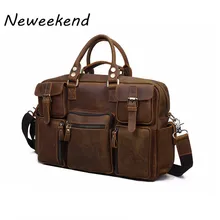 NEWEEKEND 3061 Vintage Genuine Leather Crazy Horse Multi Pocket 13 Inch Handbag Crossbody Travel Luggage Laptop