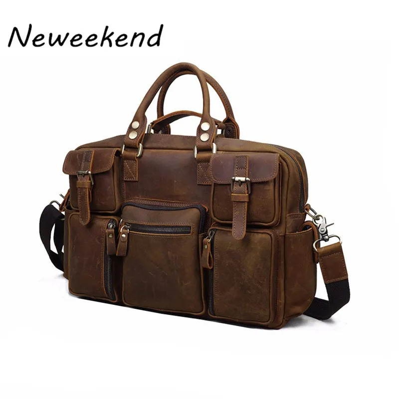 NEWEEKEND 3061 Vintage Genuine Leather Crazy Horse Multi Pocket 13 Inch Handbag Crossbody Travel Luggage font
