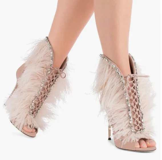 

Eunice Choo Feather Crystal Peep Toe Women Ankle Boots Lace Up Spring High Heels Zipper Stiletto Elegant Celebrity Party Pumps