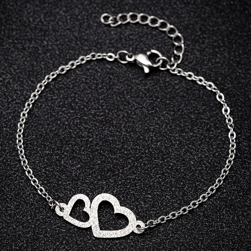 

Jisensp New Adjustable Double Heart Charm Bracelets Bangles for Women Pulseiras Boho Jewelry Hollow Friendship Bracelet Gift
