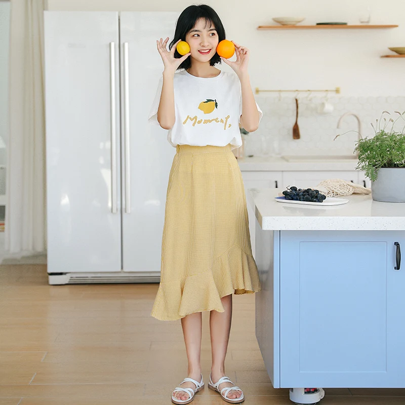 2020 Summer Female Students Clothes Set Letters Embroidered Cotton T-shirts+Irregular Ruffles Skirts Twinset Women Suits |