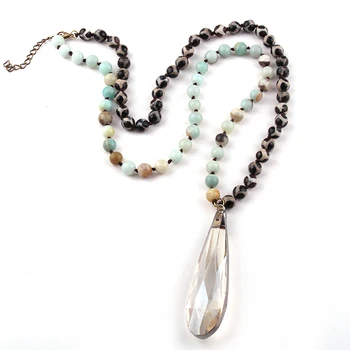

Fashion Jewelry Two Stone Mixed Color Knotted Long Glass Drop Pendant Necklace Women Lariat Necklaces