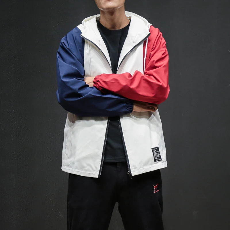 

Men Casual Hooded Jacket Male Street Fashion Splice Color Student Jacket Windbreaker Outwear Coat Aisan Size M-5XL