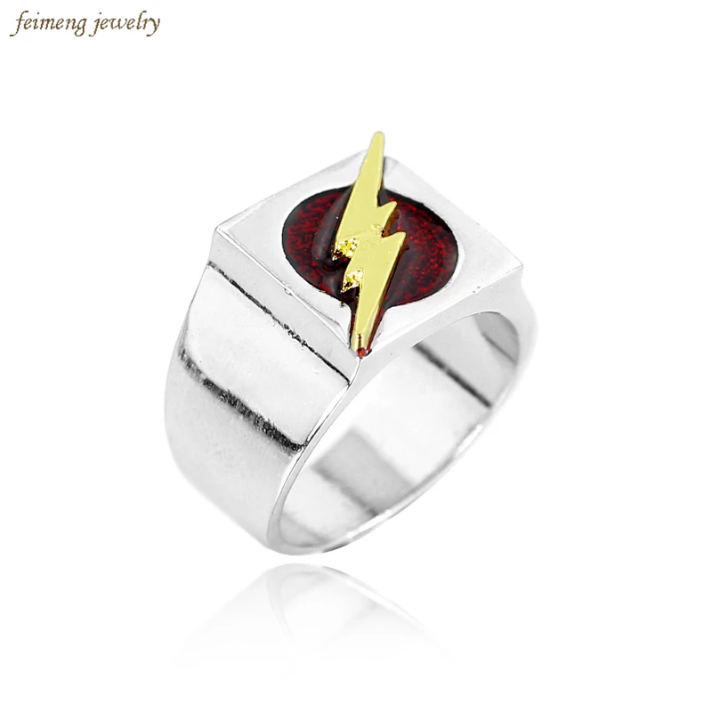 New Fashion Superhero the Flash Ring with Gold Flash Lighting Logo Silver Plated Ring DC Movie