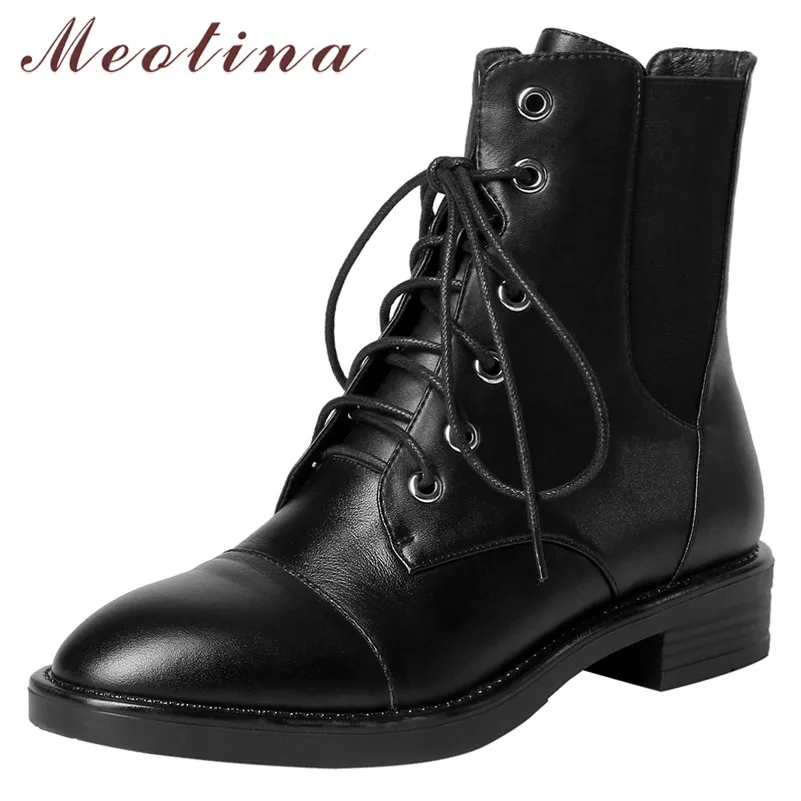 

Meotina Women Boots Autumn Ankle Boots Natural Genuine Leather Thick Heel Short Boots Lace Up Round Toe Shoes Female Size 34-39