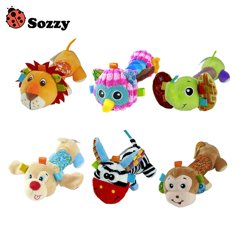 Image Sozzy Soft Baby Plush Rattle Toy Safe Distorting Mirror Multicolor Cartoon Animal Ringbell Rattle Squeaker