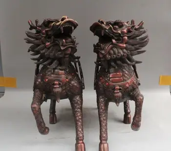 

16" Chinese Copper Feng shui Unicorn Beast Animal Statue Pair