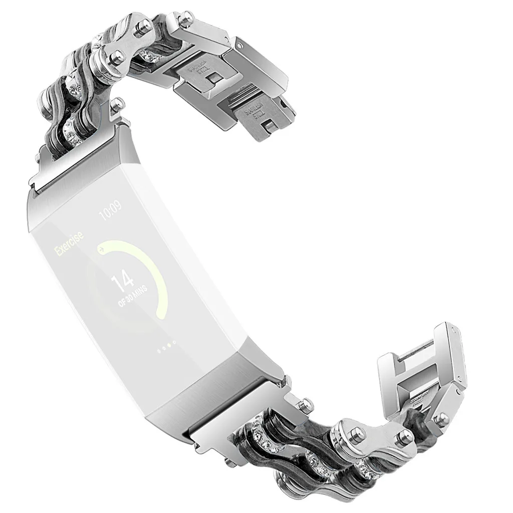 

Stainless Steel Double Row Bicycle chain Metal Watch Band For Fitbit Charge 3 Smart Accessories Watch Bands Bracelet Strap
