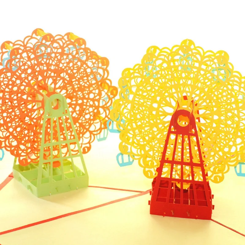 Ручной работы 3D колесо обозрения оригами всплывающая бумага лазерная резка винтажные открытки, поздравительные открытки с днем рождения подарки крафт V5489