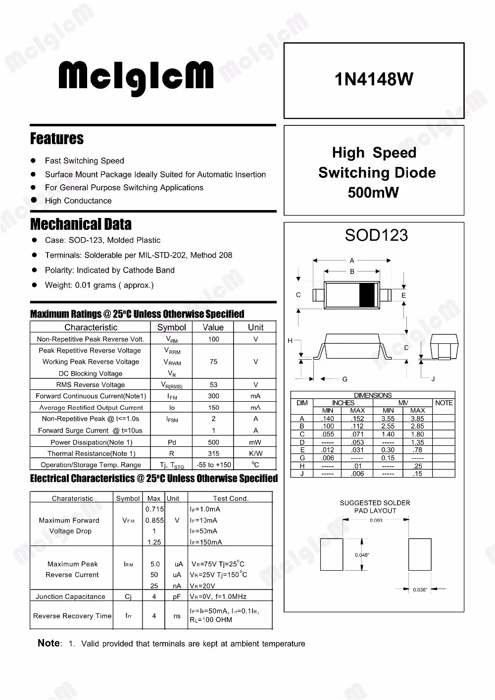 MCIGICM 100 шт. sod123 поверхностный монтаж SMD небольшие сигнальные диоды 1N4148W