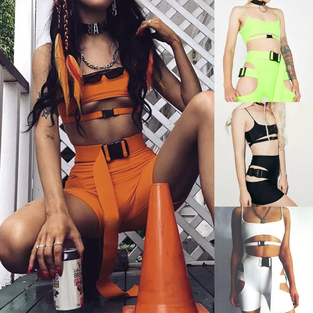 

2pcs Set Hip Hop Cool Bag Buckle Hollow Hole Women Spaghetti Strap Sleeveless Crop Top Tank+Shorts Sets