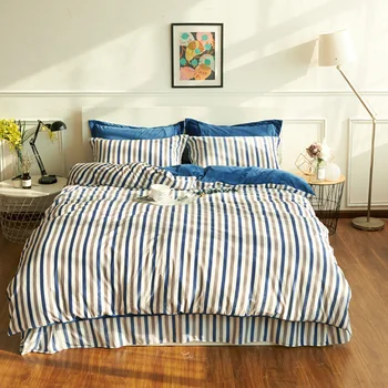 

4pcs Fleece fabric Bedding Sets Twin Queen King Size blue stripe Bed set winter warm Bed Sheet Duvet Cover /Pillowcases