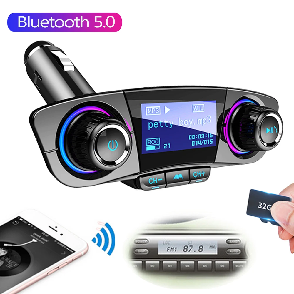 

JINSERTA Bluetooth 5.0 Handsfree Car Kit Audio MP3 Player TF USB Wireless FM Modulator with Smart Charge Dual USB Car Charger