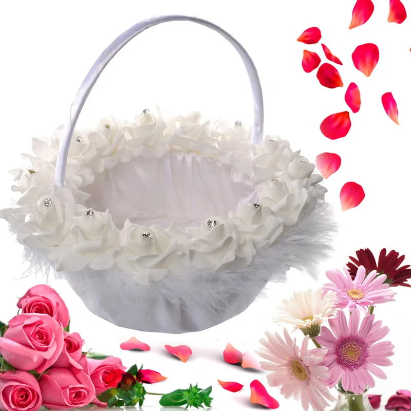 

Satin Wedding Flower Girls Basket Romantic Cute Crystal Floral Basket Decor Supplies XHC88
