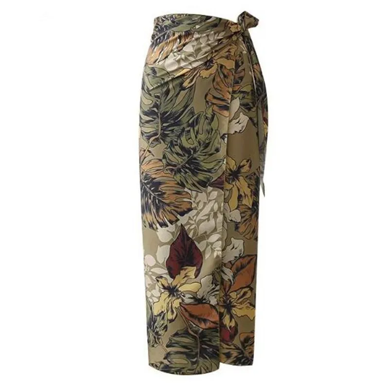 Sexy Flower Leaves Print Bow Tie Sashes Wrap Skirt Vintage Women High Waist Slim Fit Mid-Calf Long Pencil Skirts