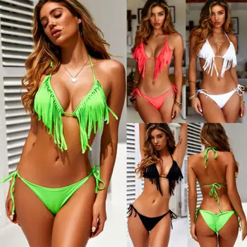 

Women Solid Push-up Bra Bandage Bikini Set Swimsuit Tassel Swimwear Bathing UK