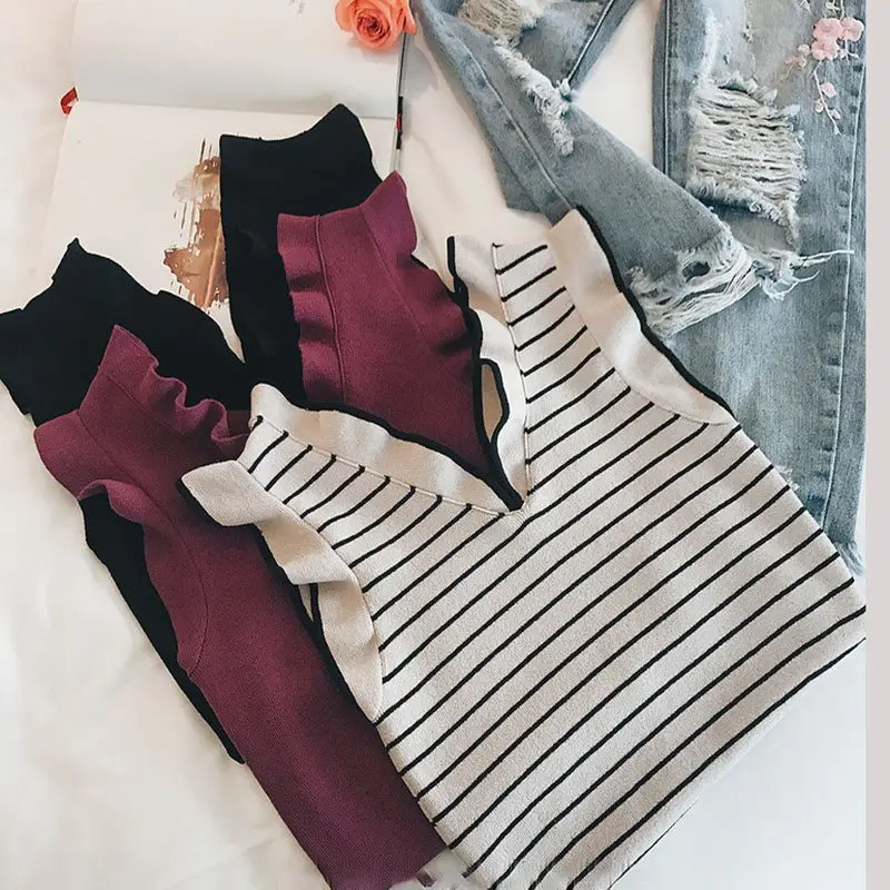 

Sexy V Neck Blouse Women Ruffles Sleeveless Blouses Slim Top Sweet Summer Blusa Feminina Wine Red White Black