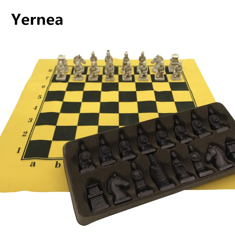 Yernea Antique Chess Set Imitation leather Chessboard China Terracotta Army Modelling Chess Pieces Board Game Of Go Table game