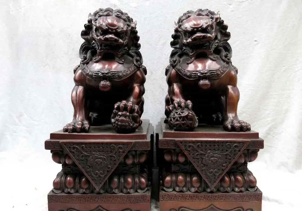 

17" China huge red bronze fine workmanship beautiful Foo Dogs Lions Pair Statues