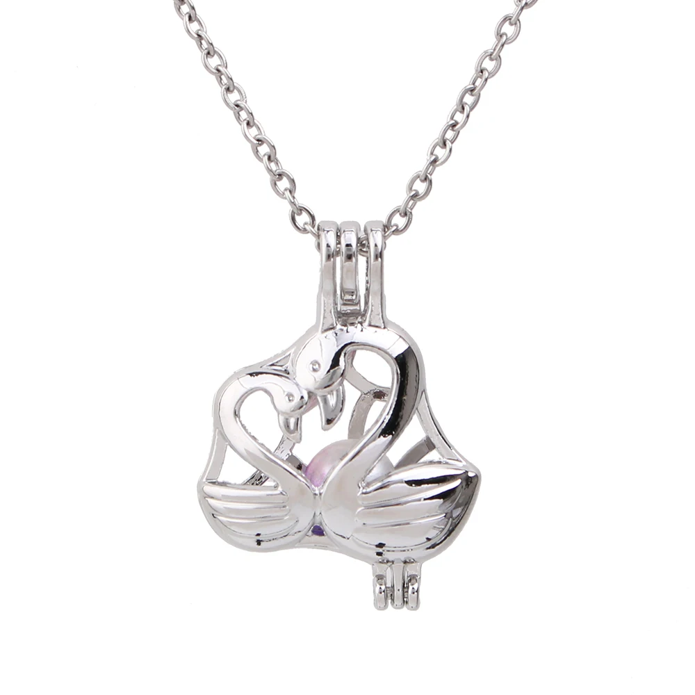 

1pc Silver Plated Love Swan Pearl Cages Necklace for Oyster Pearls Aroma Essential Oil Diffuser Lockets Necklace Gift