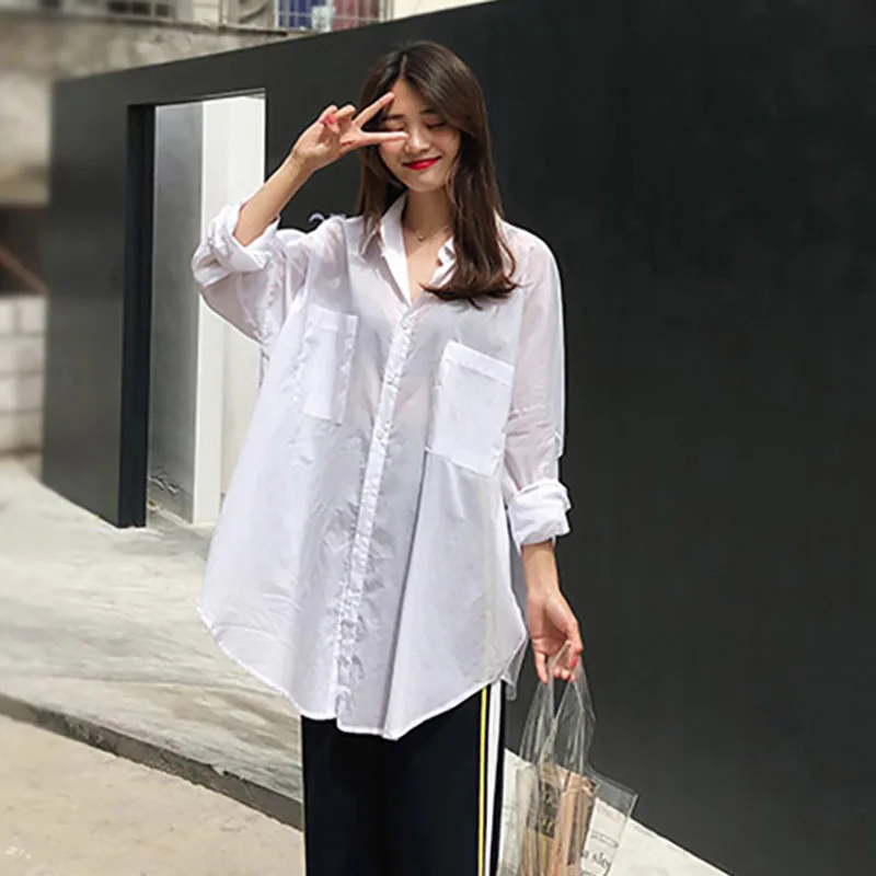 

2019 White Blouse Women Shirt Loose Casual Tops and Blouses Solid Turn-down Collar Long Sleeves Blusas Femininas Sunscreen Shirt